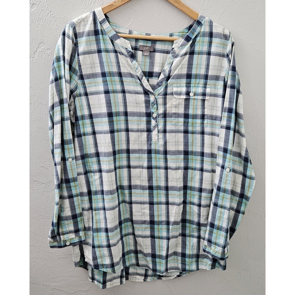 J.Jill Women's Size Medium Tunic Top Popover Blue Plaid Roll Tab Sleeve Pocket
